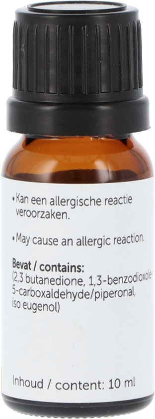 Amberkleurige fles met zwarte dop. Het witte achtergrondlabel bevat waarschuwingen en de tekst 'Inhoud / content: 10 ml'.