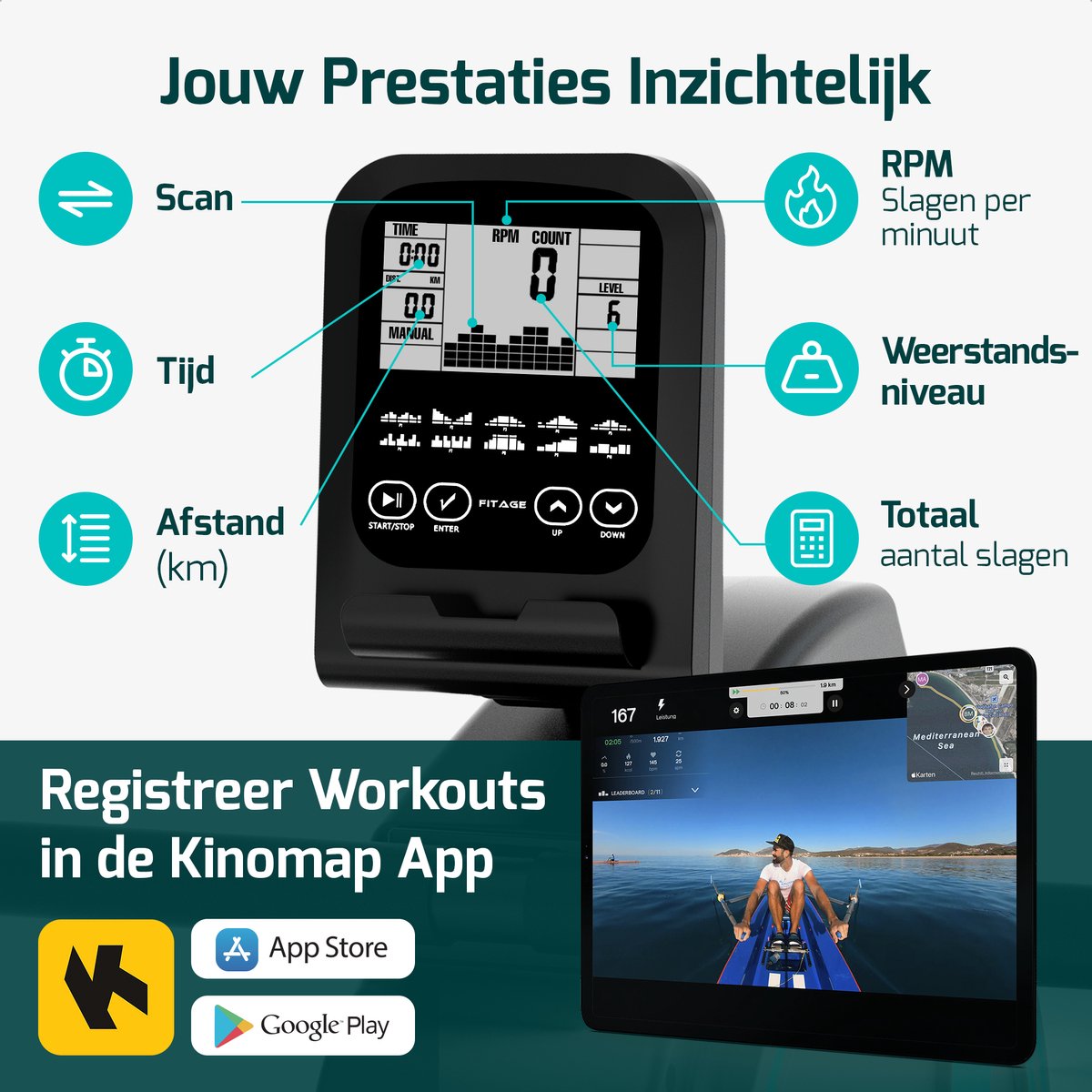 Afbeelding 2 van FITAGE Roeitrainer - Roeimachine 16 Weerstandniveaus - Roeiapparaat met Trainingsprogrammas en App - Roeitrainers - Inklapbaar