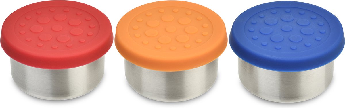 LunchBots - Dips 44ml - RVS Dip Containers met Siliconen Deksel (set van 3) - Rood Oranje Blauw