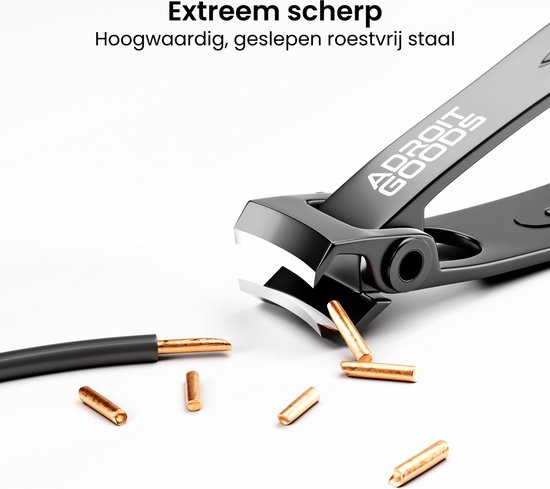 Extreme scherpte: hoogwaardig, geslepen roestvrij staal knipt door een draad, met tekst 'ADROIT GOODS'.