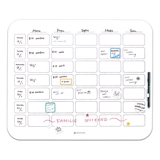 GreenStory - Tableau blanc collant - Agenda familial (43 x 35 cm) - Agenda familial - 5 personnes - avec Sticky Pen