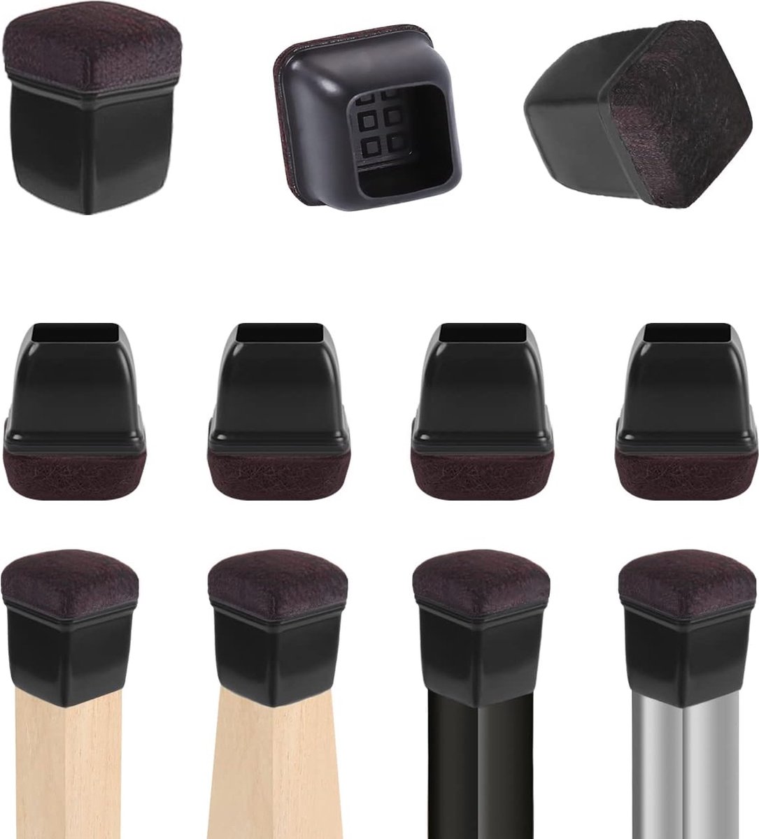 Image of 24 stuks stoelpootdoppen met vilt, zwarte siliconen, 14-19 mm, elastische beschermkappen voor stoelpoten, stil en krasbestendig, stoelpootbeschermers met vilt, viltdoppen voor stoelen