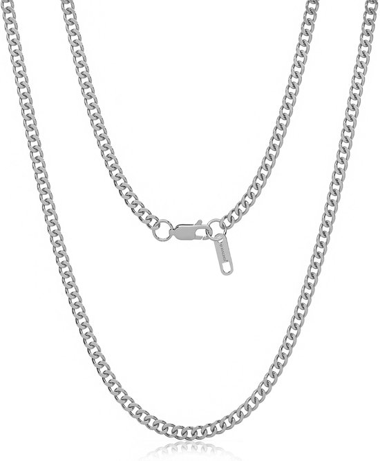Un collier à maillons argenté brillant avec fermoir mousqueton et étiquette Malinsi.