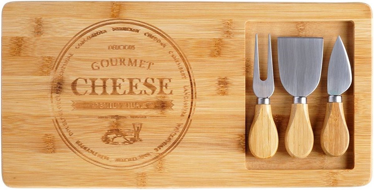 Kaasplank met Kaasmes Bamboe 4 delig - Serveerplank - Kaasmessen - Set - Hapjesplank - Mesjes - Snijplank — cadeau in Kookcadeaus - foto 2