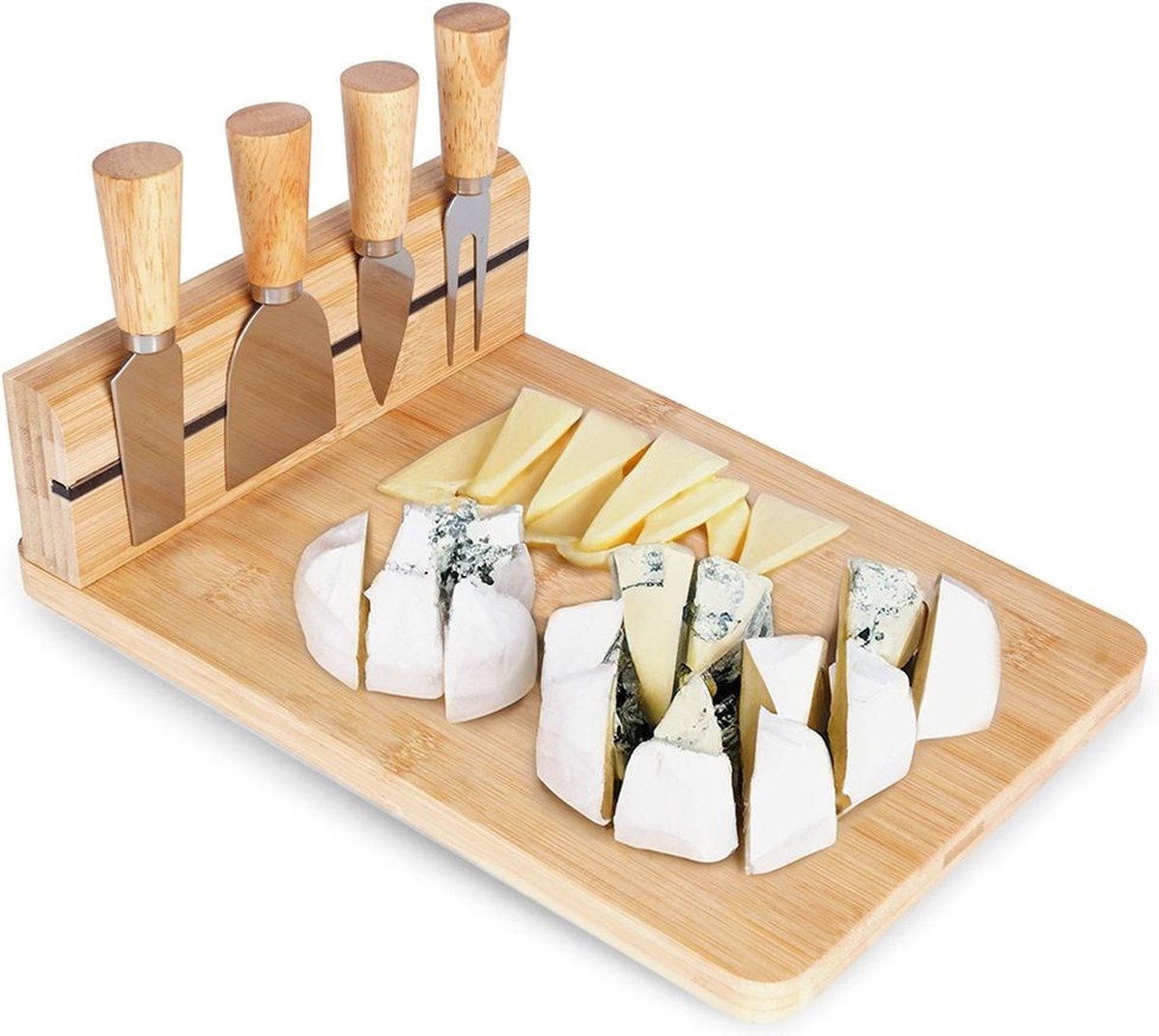 Kaasplank met Kaasmes Bamboe 5 delig - Serveerplank - Kaasmessen - Set - Hapjesplank - Mesjes - Snijplank