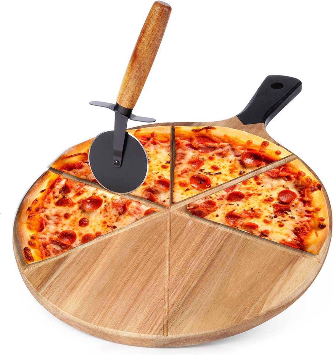 Pizzaplank Houten Rond met Pizzasnijder 30 cm 2 delig - Serveerplank - Snijplank