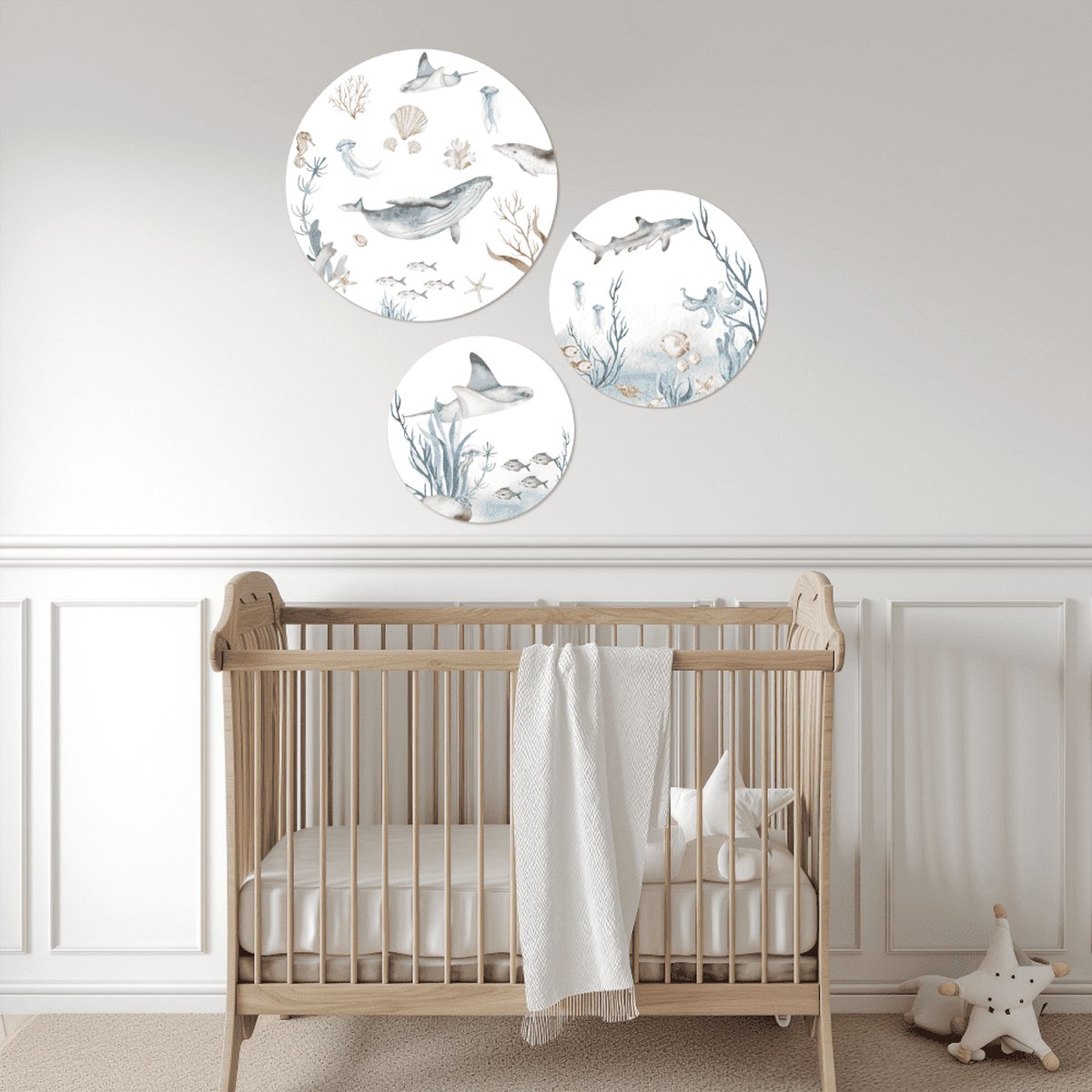 Muurcirkel zeedieren- Waldvis - haai - babykamer decoratie - jongens - versiering - wandcirkel baby - set van 3 cirkels