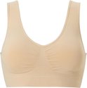 Naadloze, beige beha met V-hals en gerimpelde details.