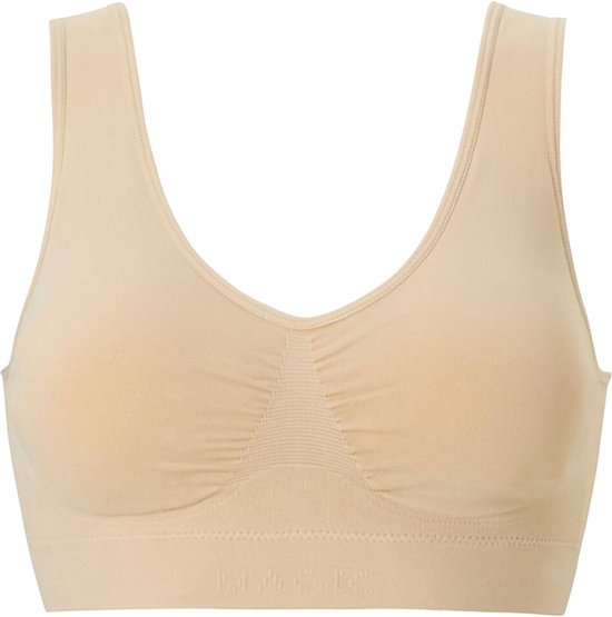 Naadloze, beige beha met V-hals en gerimpelde details.
