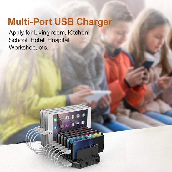 Unitek 60 W Laadstation Met 10 Poorten - Multi-USB Lader Met QC3.0 en Instelbare Verdeler Voor Tablet en Andere Apparaten