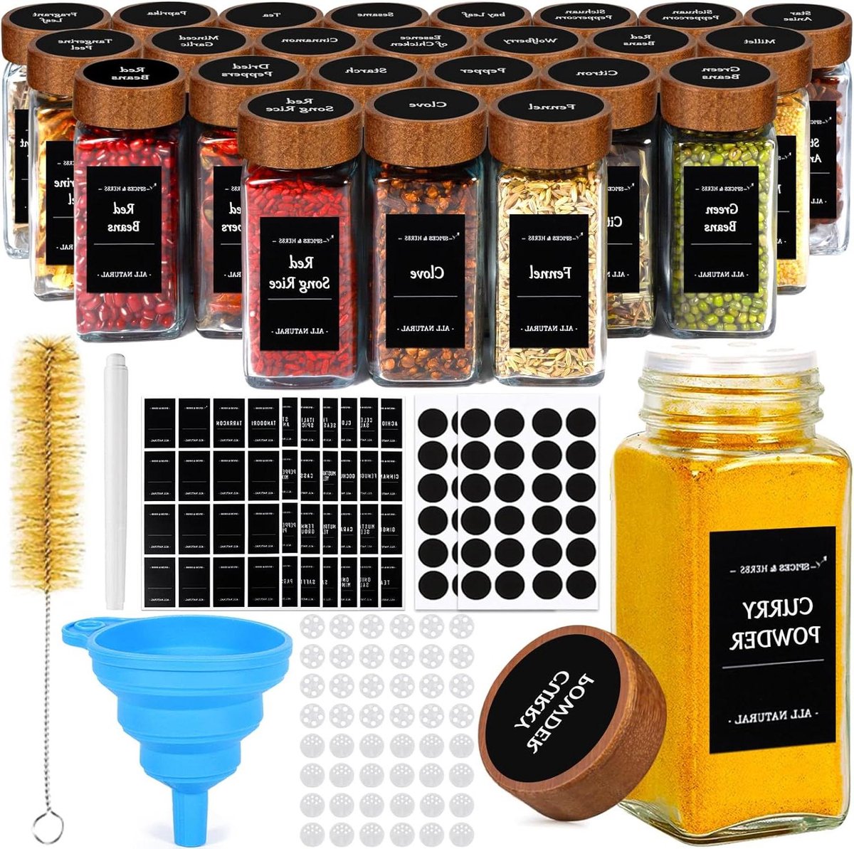 Vierkante Kruidenpotjes met Houten Deksel Set van 24 Stuks 120 ml Glazen Kruidencontainers Filter Etiketten Siliconen Trechter Reinigingsborstel Kruidenpotjes