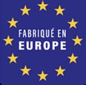 Blauw logo met 12 gele sterren en de tekst 'FABRIQUÉ EN EUROPE'.