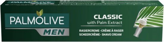 Palmolive Men Classic scheercrème met palm extract in groene verpakking met palmbladmotief.