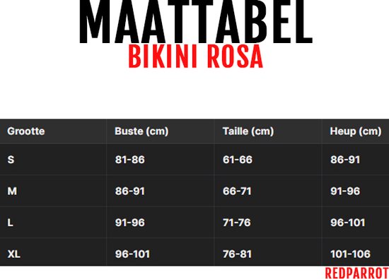 Maattabel bikini rosa: maten S-XL, buste, taille en heupomvang in cm.