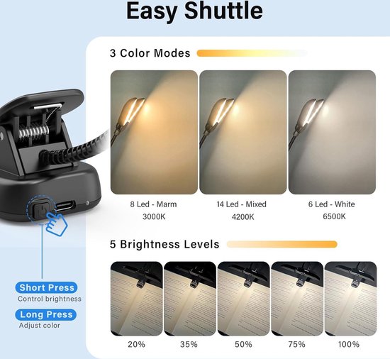 USB Oplaadbare Boekleeslamp, Dimmen 3 Kleuren LED-clip op Boeklamp voor