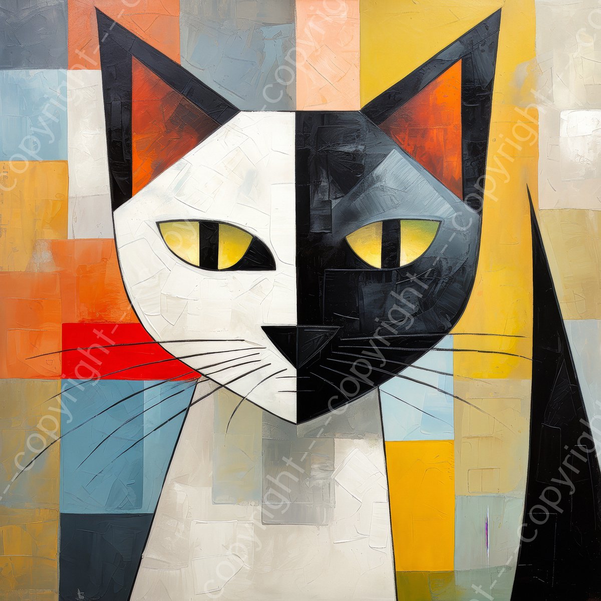 K&C Art (Aluminium schilderij) 100x100cm | Kat in modern kubisme - poes - dier - kleurrijk - rood - geel - blauw - zwart - wit | Woonkamer - slaapkamer - hal - kantoor | Foto schilderij print op dibond - wanddecoratie - muurdecoratie - wall art
