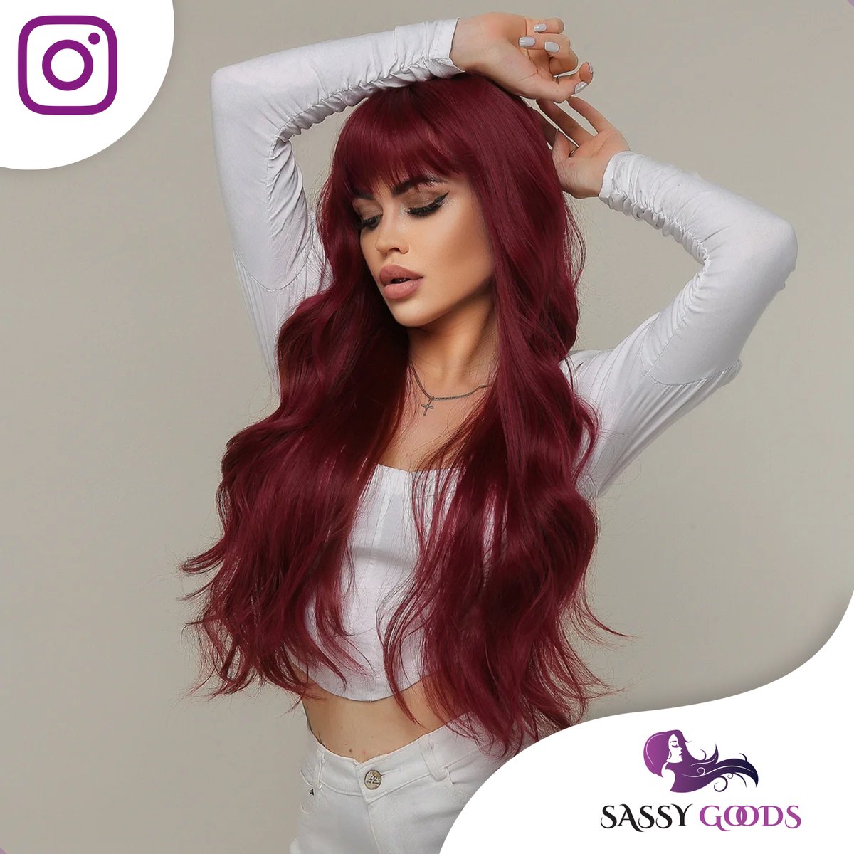 SassyGoods Rode Pruik - Pruiken Dames Lang Haar met Pony - Wig - Haarwerk - Wasbaar - Wijn Rood - 70 cm — afbeelding 9