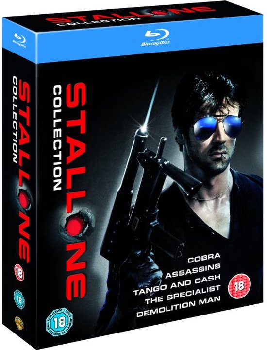 Blu-ray box met Sylvester Stallone met machinepistool. Titels: Cobra, Assassins, Tango & Cash, The Specialist, Demolition Man.