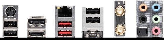Achterpaneel van een computer met diverse poorten, waaronder USB, HDMI, Ethernet en audio-aansluitingen.