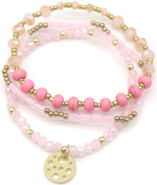 Foto: Armbanden set elastisch kralenarmband zomers ibiza stijl boho goudkleurig roze 4 stuks