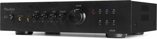 Zwarte hifi-versterker met aan de voorzijde knoppen voor aan/uit, koptelefoon, AUX, Treble, Mid, Bass, Balance en Volume.