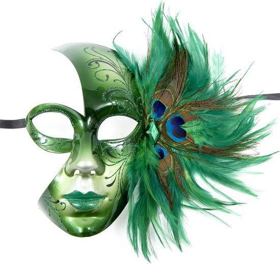 Funny Fashion Verkleed oogmasker Venitiaans - groen met pauwenveren - volwassenen - Carnaval/gemaskerd bal