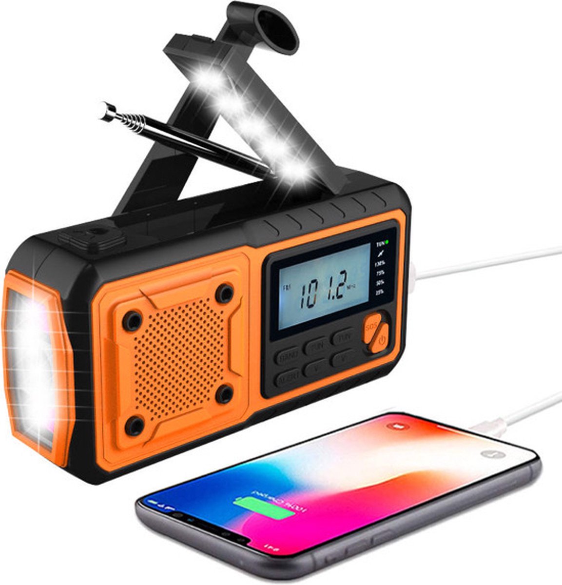 Draagbare NoodRadio - FM/AM/SW - 4000mAh Powerbank - Zonnepaneel - Radio op batterijen - Hand Zwengel - Dynamo - 4 Manieren voor opladen - Zaklamp - SOS