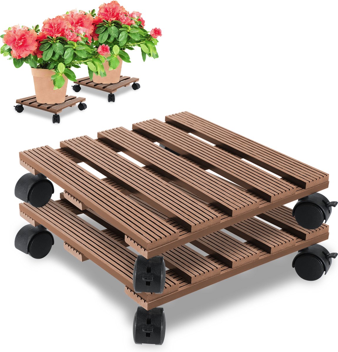 2x Plantentrolley Plantenroller Draagkracht tot 80 KG Plantenwagen Houder met wieltjes planten trolleys Vierkant Bruin