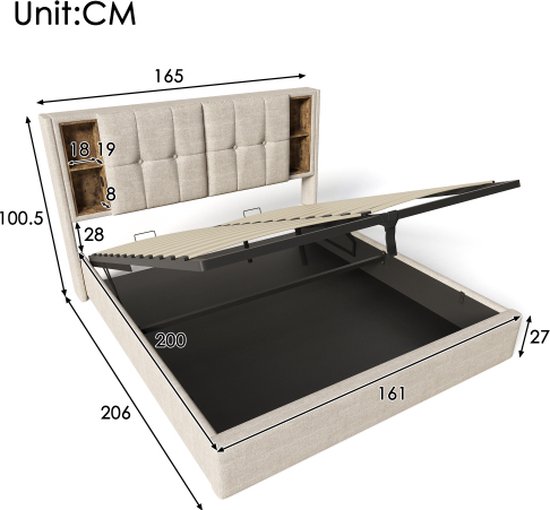 160x200 cm Lits doubles Lits avec tiroirs Sommier avec rangement Sommier à lattes en bois naturel Beige