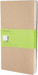 Stapel bruine Moleskine cahiers met een limegroene band met informatie en afbeeldingen.