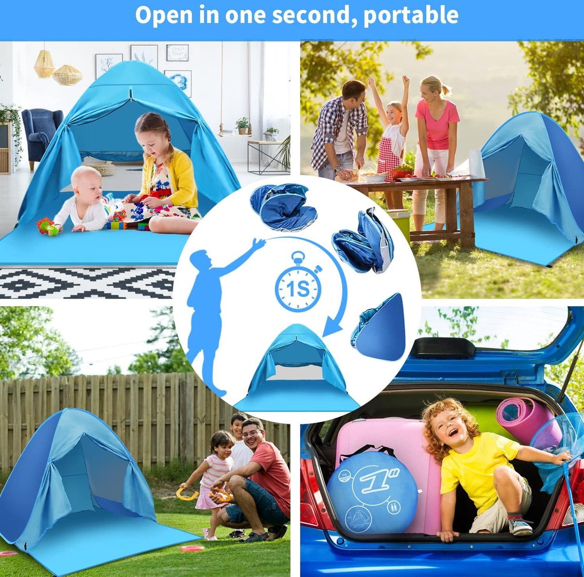 Tente De Plage Pop-up Automatique - Coquille - Protection UV Et Vent - Bleue