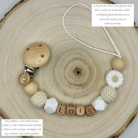 Foto: Babybeads speenkoord met naam madelief nude gepersonaliseerd kraamcadeau