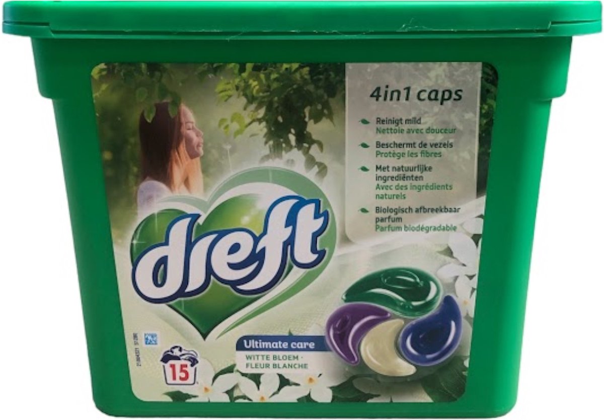 Goedkoopste Dreft Caps 4in1 - 15sc - ultimate care witte bloem