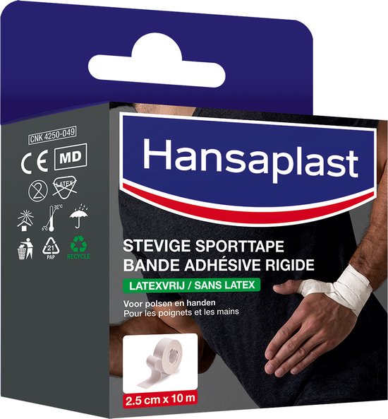 Hansaplast stevige sporttape, 2.5 cm x 10 m, latexvrij, voor polsen en handen.