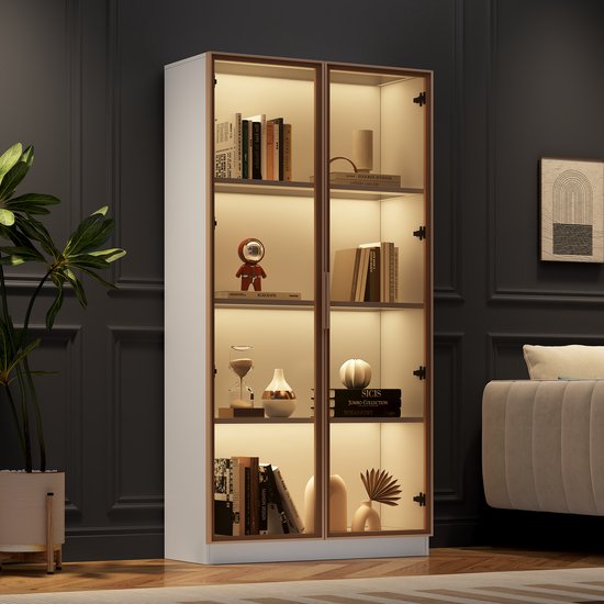 Sweiko Vitrine en verre Witte avec éclairage LED 16 couleurs, Vitrine à étagère mobile à double porte, 80 * 40 * 160 cm, armoire haute de salon, vitrine verticale, armoire de salle de bain