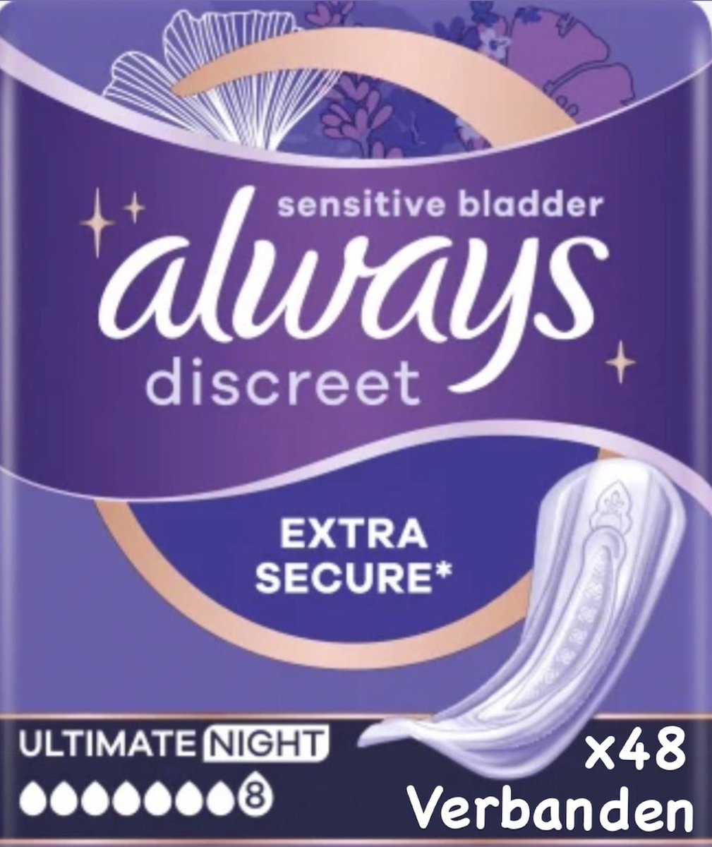 Goedkoopste Always Discreet Verband Voor Urineverlies - Ultimate Night - Voordeelverpakking 6 x 8 stuks - 48 stuks