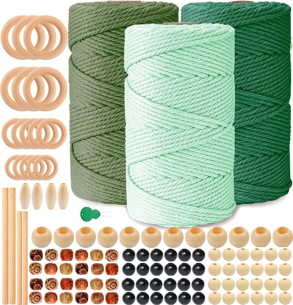 Mycramé 300 Meter 3mm Macramé Touw Compleet Pakket met Houten Ringen en Kralen Hobby DIY Natuurlijk Katoen Koord\Garen voor Wandkleed en Plantenhanger Zelf Maken Volwassen\ Kinderen Knutselen Set voor Macramé en Sieraden Handwerk- Incl. E-boeken