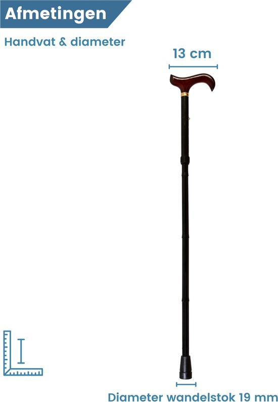 Een donkerdere, opvouwbare wandelstok met een bordeauxrood Derby-handvat met een breedte van 13 cm en een staafdiameter van 19 mm.