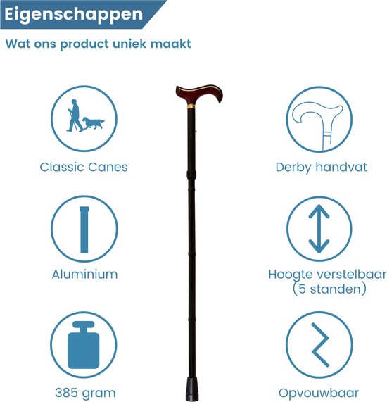 Een donkerdere, opvouwbare wandelstok met een bordeauxrood Derby-handvat. Iconen tonen klassieke wandelstokken, een Derby-handvat, aluminium constructie, 385 gram gewicht en 5 verstelbare hoogtes.
