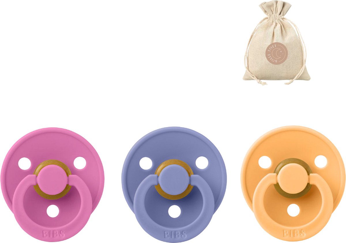 Goedkoopste BIBS spenen T2 met speenzakje - Bubblegum, Peri en Sunkissed - 6 tot 18 maanden