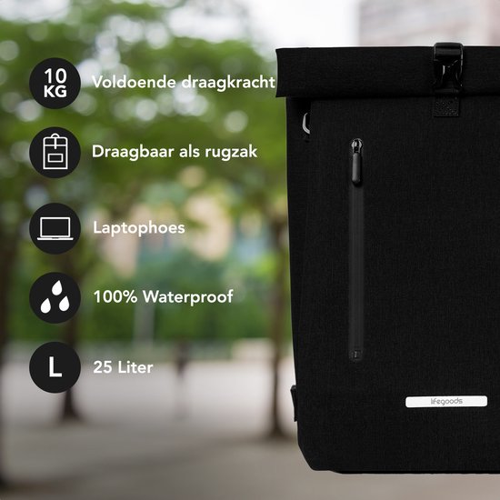 LifeGoods Enkele Fietstas - Compact - Schoudertas en Rugtas - 25L - Ronde Bagagedragers - Waterdicht - Zwart