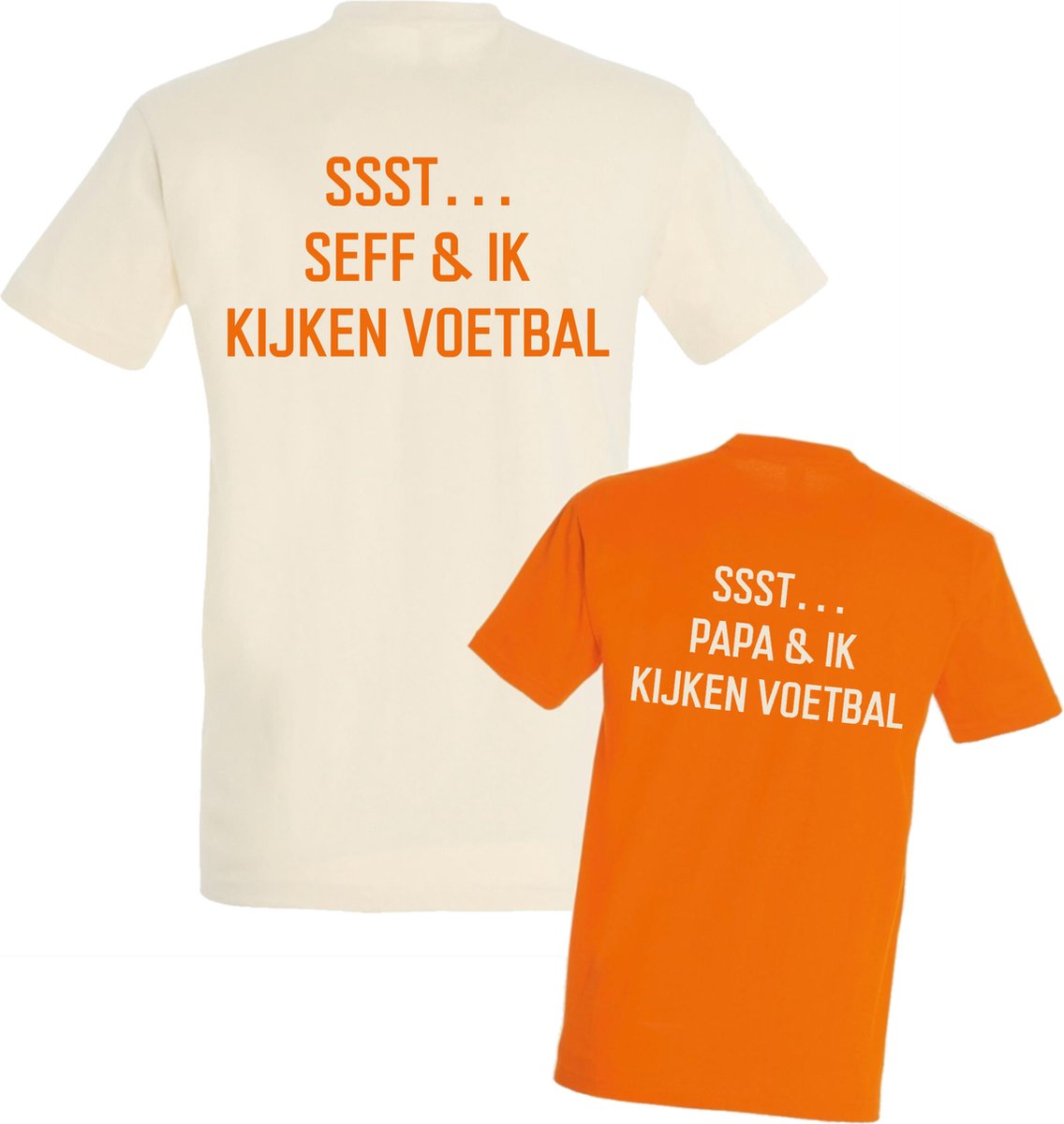 Shirts voor Vader en Kind-Beige-Oranje-Ssst wij kijken voetbal met kindernaam-Heren XXL-Kind 92