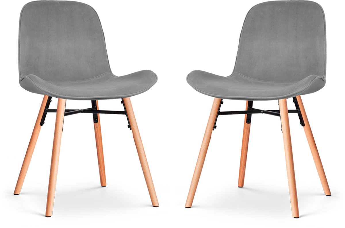 Nolon Nena-Fé Eetkamerstoelen Set van 2 Velvet Grijs - Fluweel - Stof - Houten Poten - Naturel - Scandinavisch Velvet - Grijs - Naturel onderstel