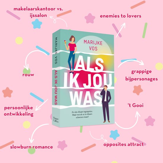 Boekomslag met een vrouw in roze top en blauwe broek, met ijsje. En een man in pak aan telefoon. Titel: 'ALS IK JOU WAS'. Kleurrijke achtergrond.