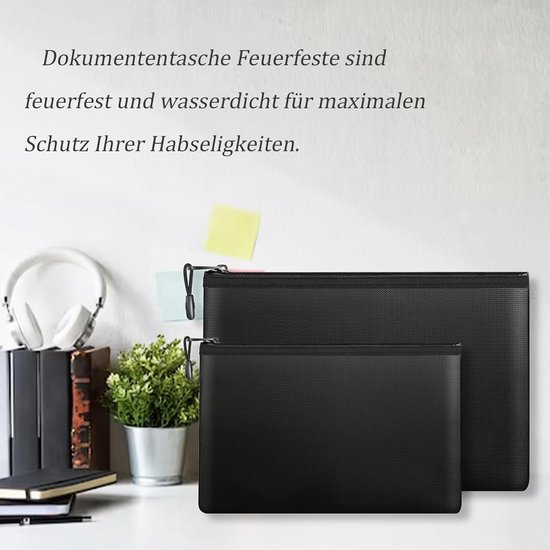 DBREAKS Vuurvaste tas voor documenten 38 x 27 cm, 2 stuks Vuurvaste tas, kluis Waterdichte geldtas, zwart Grote capaciteit aktetas voor documenten, paspoort, geld, bankbestand