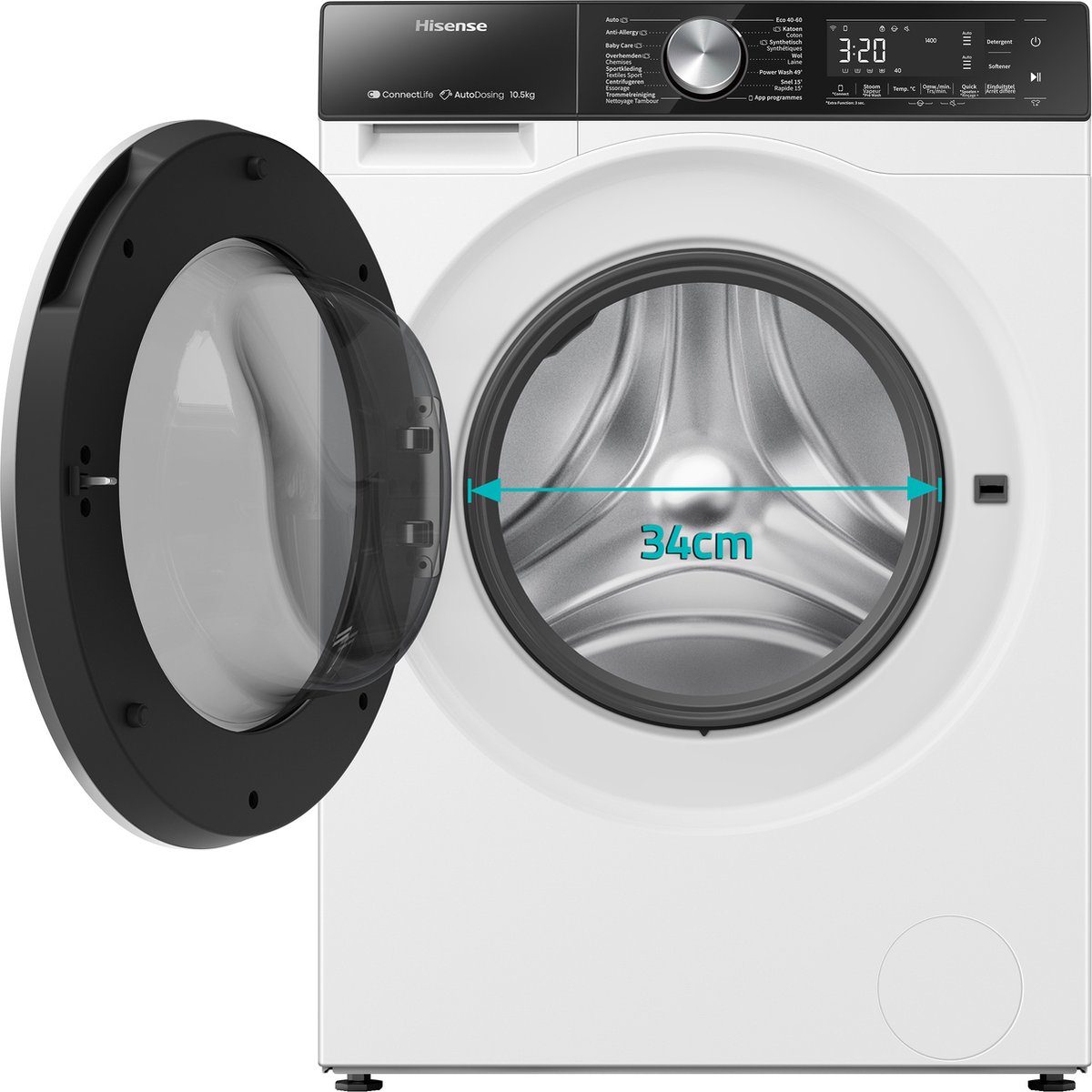 Hisense 5S Serie WF5S1045BW - Wasmachine met Energielabel A - 10,5kg - Auto dosing - 72dB (A) - Steam Wash -1400 toeren - Power Wash 49' - Connectlife – foto 8
