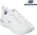Witte Skechers Arch Fit dames sneaker met veters, logo's en gebogen zool.