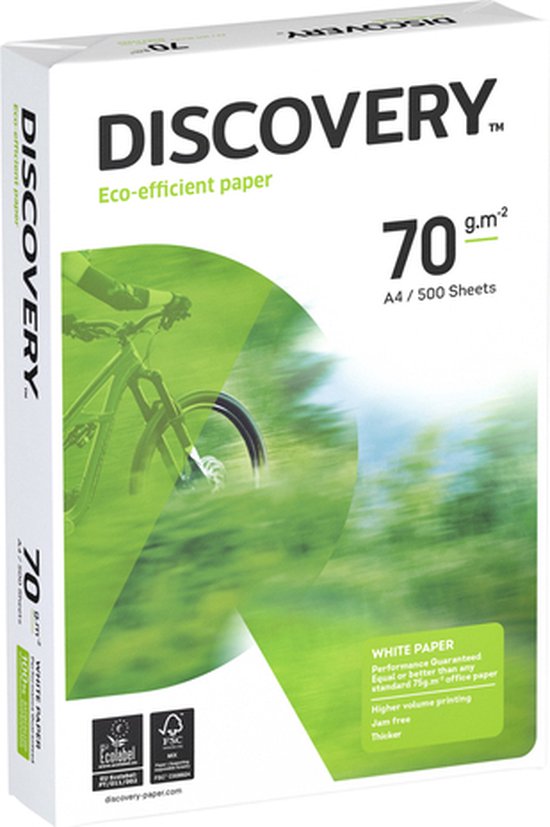 Witte Discovery A4 70gr papierdoos met groen landschap en fietsafbeelding, 500 vel.