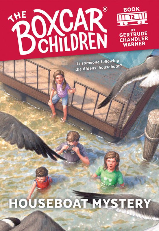 Boek kaft 'The Boxcar Children' 'Houseboat Mystery'. Vier kinderen en twee ganzen in het water bij een steiger. Door Gertrude Chandler Warner.