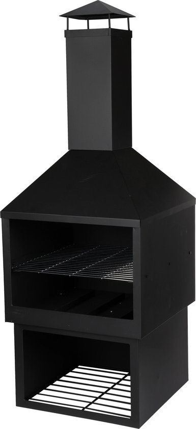 Zwarte metalen buitenhaard met grillrooster en schoorsteen, 44 x 44 x 118 cm.